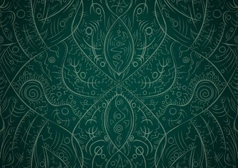 Hand-drawn unique abstract symmetrical seamless ornament. Bright green on a deep cold green with vignette of a darker background color. Paper texture. Digital artwork, A4. (pattern: p08-2a)