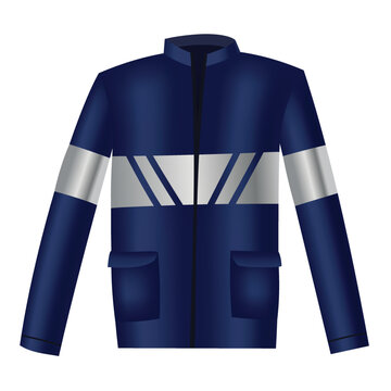 Workwear Uniform Element. Blue Jacket With Long Sleeves, Pocket And Reflective Band As Uniform. Protective Clothing Or Safety Equipment. Construction Workers Clothing, Uniform Mockup