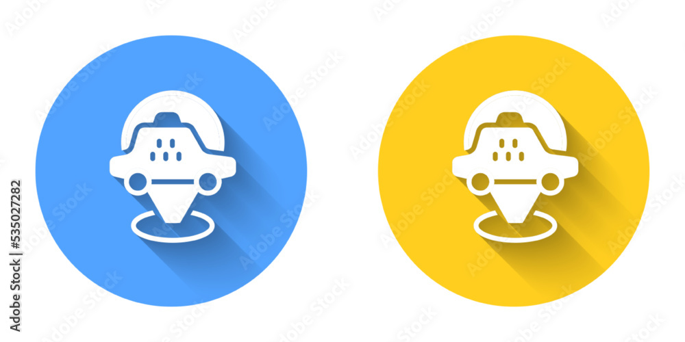 Poster white map pointer with taxi car icon isolated with long shadow background. location symbol. circle b
