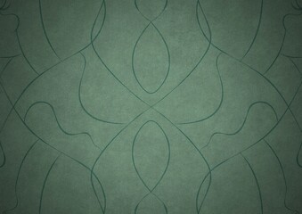 Hand-drawn unique abstract symmetrical seamless ornament. Dark semi transparent green on a light cold green with vignette of a darker background color. Paper texture. A4. (pattern: p08-1a)