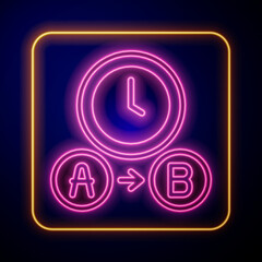 Glowing neon Taxi waiting time icon isolated on black background. Car deadline, schedule ride. Vector