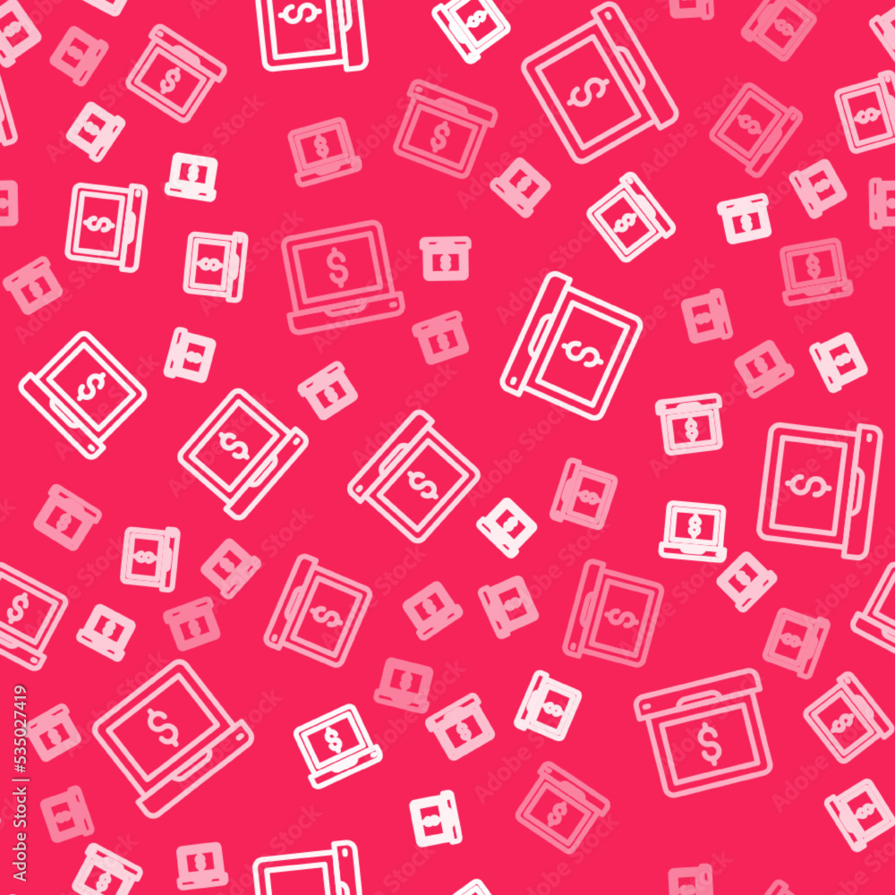 Poster white line laptop with dollar icon isolated seamless pattern on red background. sending money around