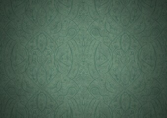 Hand-drawn unique abstract symmetrical seamless ornament. Dark semi transparent green on a light cold green with vignette of a darker background color. Paper texture. A4. (pattern: p08-2b)