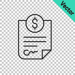 Black line Contract money icon isolated on transparent background. Banking document dollar file finance money page. Vector