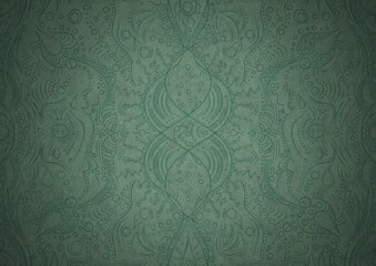 Hand-drawn unique abstract symmetrical seamless ornament. Dark semi transparent green on a light cold green with vignette of a darker background color. Paper texture. A4. (pattern: p09a)