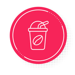 White line Iced coffee icon isolated on white background. Red circle button. Vector