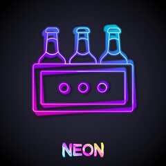 Glowing neon line Pack of beer bottles icon isolated on black background. Wooden box and beer bottles. Case crate beer box sign. Vector