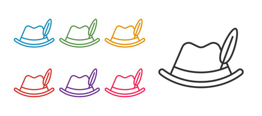 Set line Oktoberfest hat icon isolated on white background. Hunter hat with feather. German hat. Set icons colorful. Vector