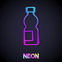 Glowing neon line Bottle of water icon isolated on black background. Soda aqua drink sign. Vector