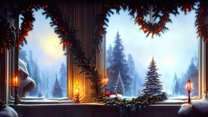 Obraz premium Christmas decorations on a winter holiday window. Frozen evening window, garlands, lanterns, Christmas tree. Holiday and fun atmosphere. Dark festive interior. 3D illustration.