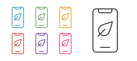 Set line Smartphone, mobile phone with leaf icon isolated on white background. Set icons colorful. Vector