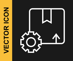 White line Gear wheel with package box icon isolated on black background. Box, package, parcel sign. Delivery and packaging. Vector