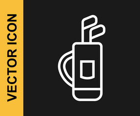 White line Golf bag with clubs icon isolated on black background. Vector