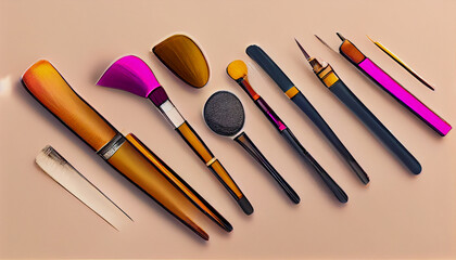 professional makeup tools. Makeup products on a colored background top view. A set of various products for makeup