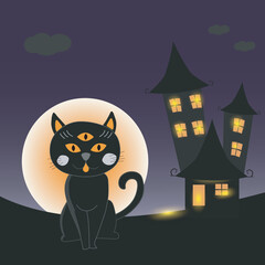 Cute black cat on full moon background.