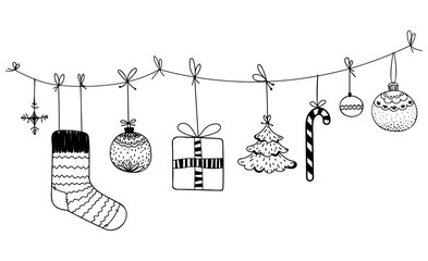 Christmas garland in vintage graphic doodle style isolated on white background.