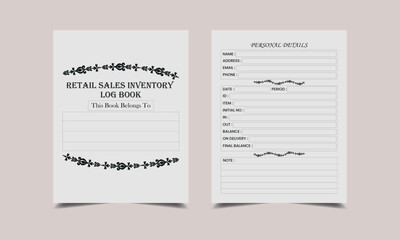 Retail Sales Inventory log book KDP Interior design.  Printable logbook