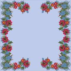 green frame decorated by red flowers isolated on blue background