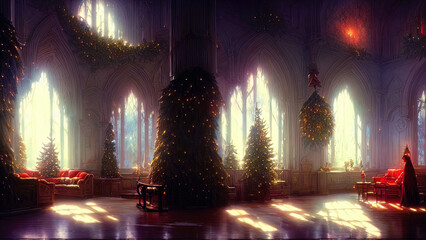 Obraz premium Christmas decorations on a winter holiday window. Frozen evening window, garlands, lanterns, Christmas tree. Holiday and fun atmosphere. Dark festive interior. 3D illustration.