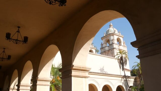 Spanish colonial revival architecture, Balboa Park, San Diego, California USA. Historic building, classic baroque or rococo romance style. Arches and columns of Casa, archway, vault, arcade or passage