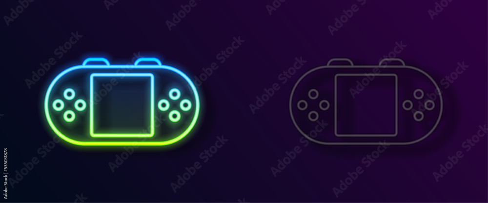 Poster glowing neon line portable video game console icon isolated on black background. handheld console ga