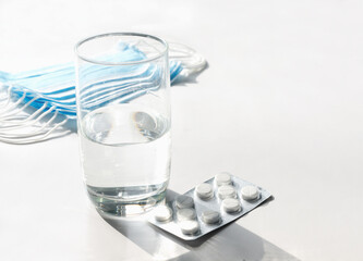 Coronavirus, personal protective equipment. Medicines for the virus and flu. Medical mask, medicine.