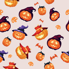 Happy Halloween! Seamless vector background with skulls and pumpkins in carnival costumes on a light background. 