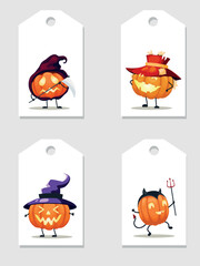 Happy Halloween! Vector white labels with pumpkins in carnival costumes. 