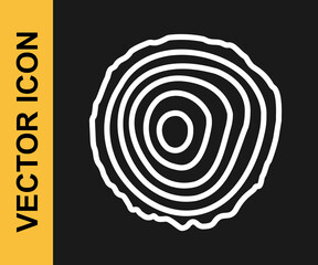 White line Tree rings icon isolated on black background. Wooden cross section. Vector