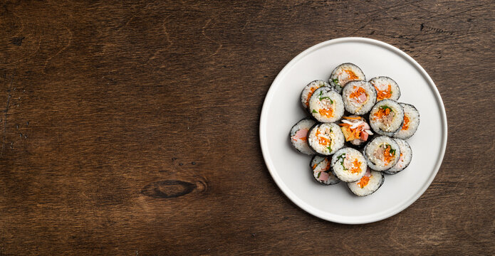 Gimbap, korean traditional dish, top view, copy space