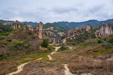 Fototapeta premium Los Estoraques Unique Natural Area, national park in the&nbsp;Cordillera Oriental of Colombia,&nbsp;Norte de Santander Department. Large brownstone pedestals and columns formed by erosion. Travel destination