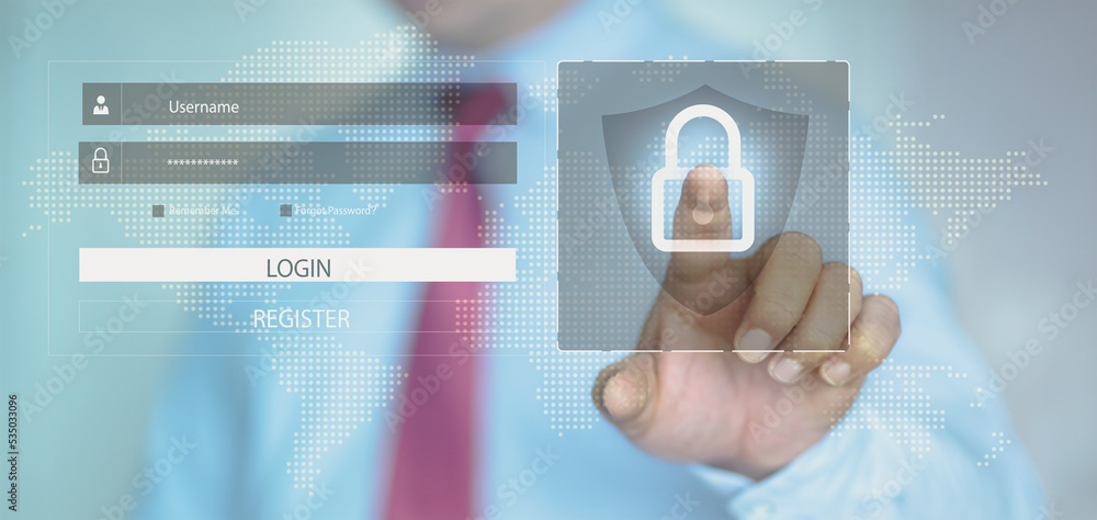 Poster user typing login and password, cyber security concept, data protection and secured internet access,