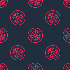 Red line Snowflake icon isolated seamless pattern on black background. Merry Christmas and Happy New Year. Vector