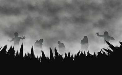 The silhouette of a horde of scary zombies walking in the night. Halloween background. Digital art style. illustration painting
