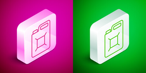 Isometric line Canister for gasoline icon isolated on pink and green background. Diesel gas icon. Silver square button. Vector