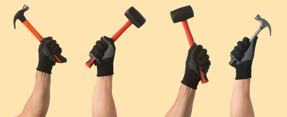 Collage of male hands in gloves and with hammers on beige background