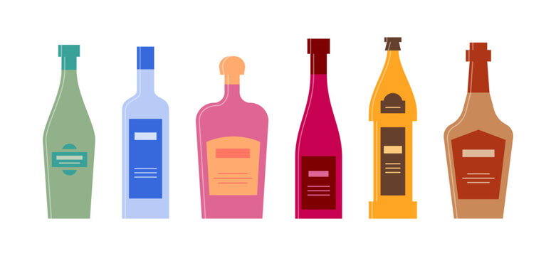 Set bottles of vermouth vodka liquor wine beer whiskey. Icon bottle with cap and label. Graphic design for any purposes. Flat style. Color form. Party drink concept. Simple image shape