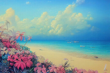 Fototapeta na wymiar tropical island beach, fantasy landscape, pastel colours, digital painting