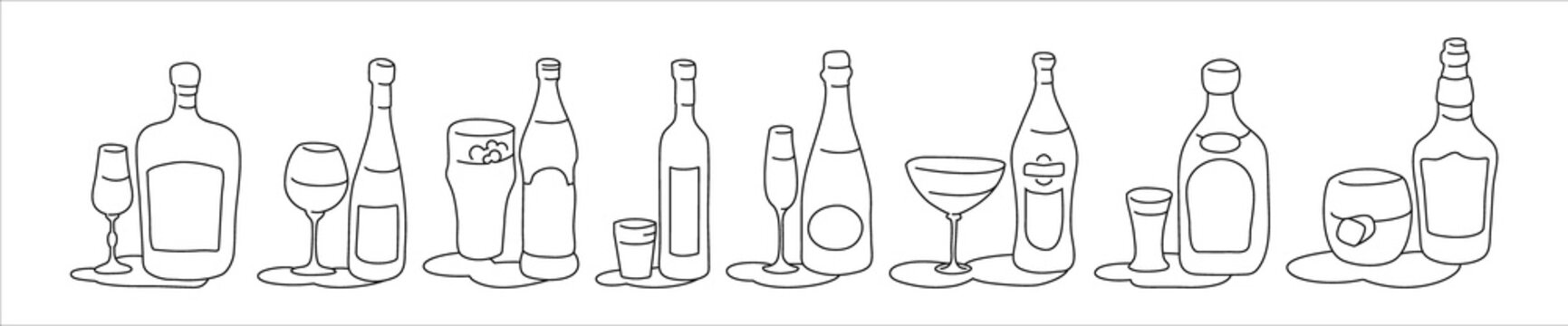 Liquor wine beer vodka champagne vermouth tequila whiskey bottle and glass outline icon on white background. Black white cartoon sketch graphic design. Doodle style. Hand drawn image. Party drinks