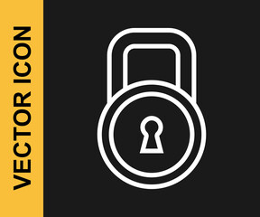 White line Lock icon isolated on black background. Padlock sign. Security, safety, protection, privacy concept. Vector