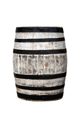 wine barrel with wood painted white and black metal stripes isolated
