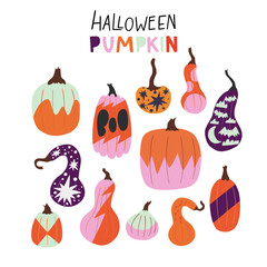 Set of hand drawn Halloween painted pumpkins of different shapes and sizes.Clipart illustrations of autumn vegetables for Holiday season. Great for photo overlay, printable party decoration elements