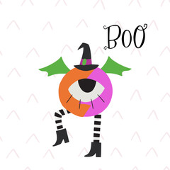 Hand drawn Halloween cute monster with one eye, legs in boots and witch hat and hand lettering inscription Boo. Spooky character for decoration, card, party invitation