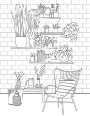 Cool home office interior. Coloring book for adults. The interior of the room. Black and white illustration.