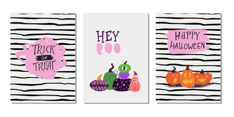 Set of three hand drawn autumn holidays greeting cards or posters with lettering text and painted pumpkins. Handwritten inscriptions Happy Halloween, Trick Or Treat, Hey Boo with carved Jack O’lantern