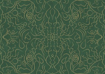 Hand-drawn unique abstract symmetrical seamless gold ornament of golden glitter on a warm green background. Paper texture. Digital artwork, A4. (pattern: p07-1a)