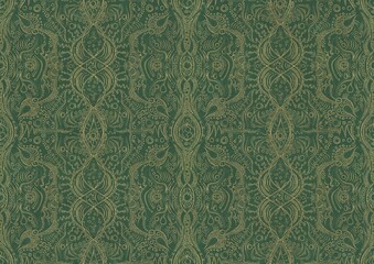 Hand-drawn unique abstract symmetrical seamless gold ornament of golden glitter on a warm green background. Paper texture. Digital artwork, A4. (pattern: p09b)