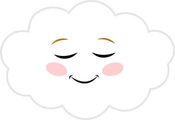 Cute cloud on  transparent background. White cartoon cloud with cute face, print or icon.
