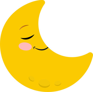 Cute Childish Half Moon With Calm Face Illustration Isolated On Transparent Background. Cartoon Character Of Sleeping Crescent.