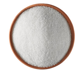 White refined sugar pile (beet) in clay pot, isolated on white, top view